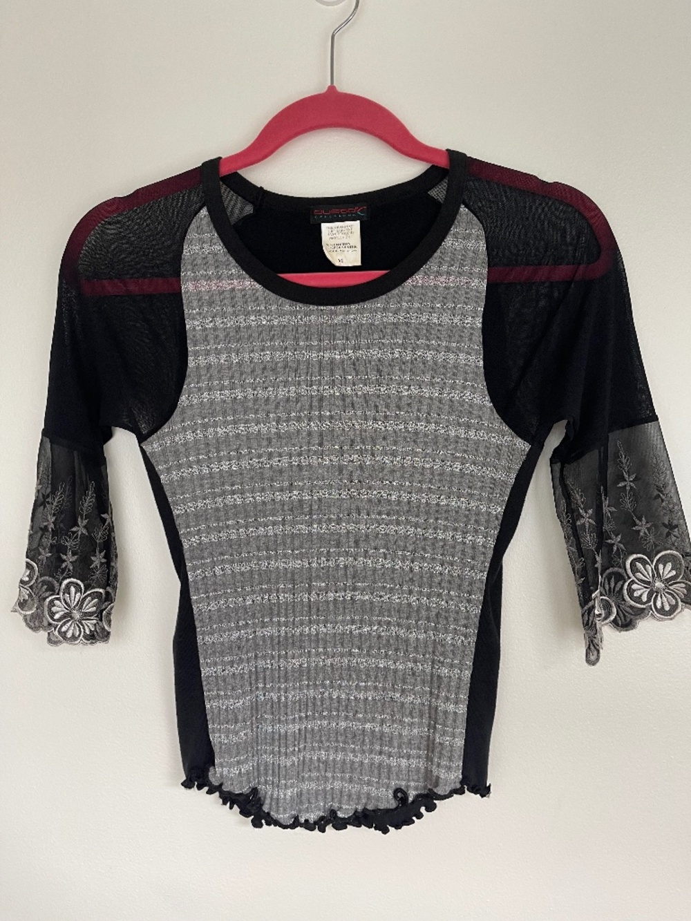 Custo Barcelona Y2K Floral Embroidered Sheer Mesh Long Sleeve Top Black Gray